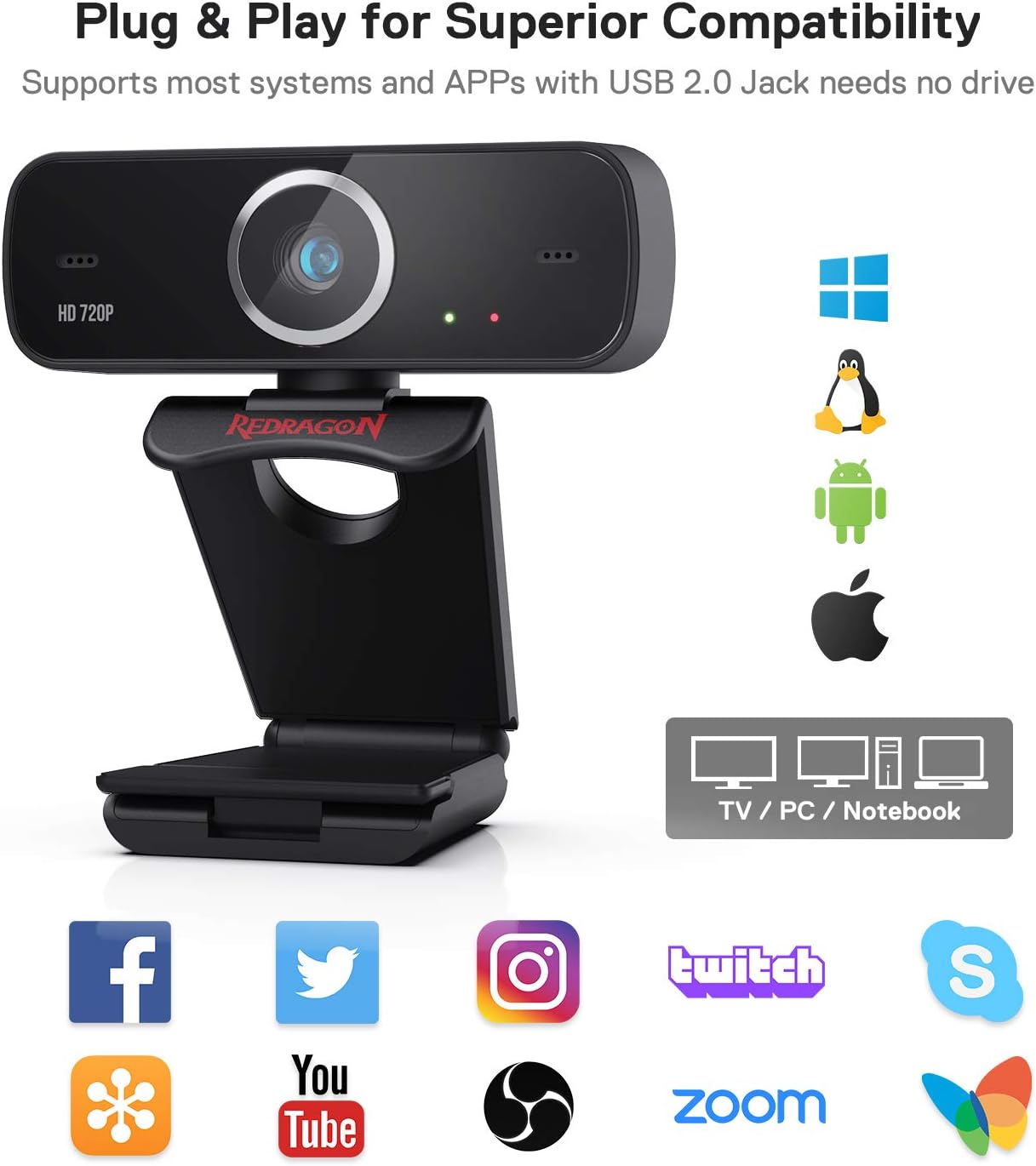 Redragon Webcam Gamer and Streamer Fobos 2 720p GW600 1 Black Streaming