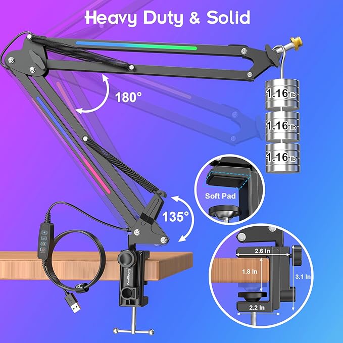 ZealSound RGB Microphone Arm Stand,Mic Arm with RGB Light Streaming